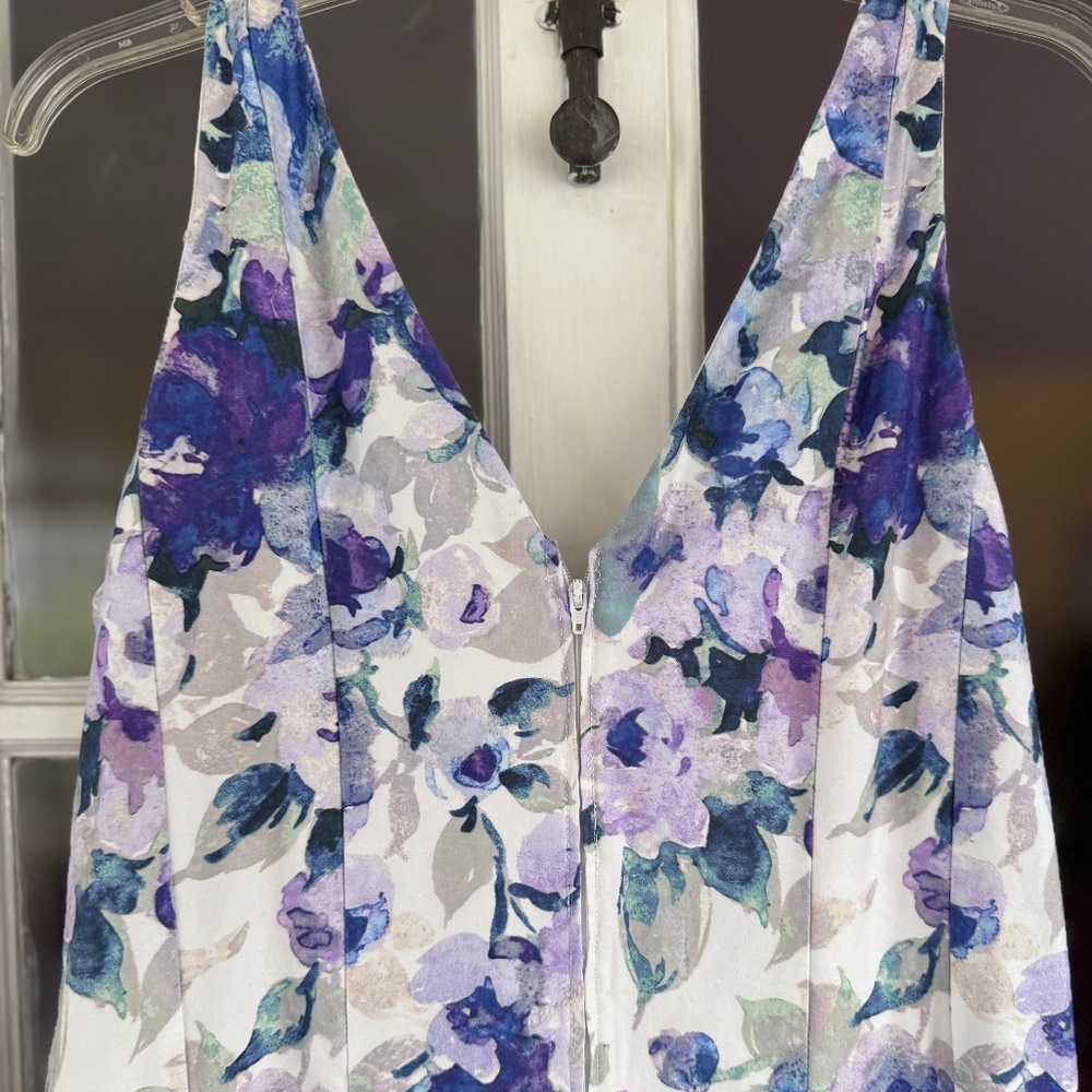RALPH LAUREN A-LINE DRESS Sleeveless, White with Blue Floral Print in Sz. 14 - Picture 4 of 10
